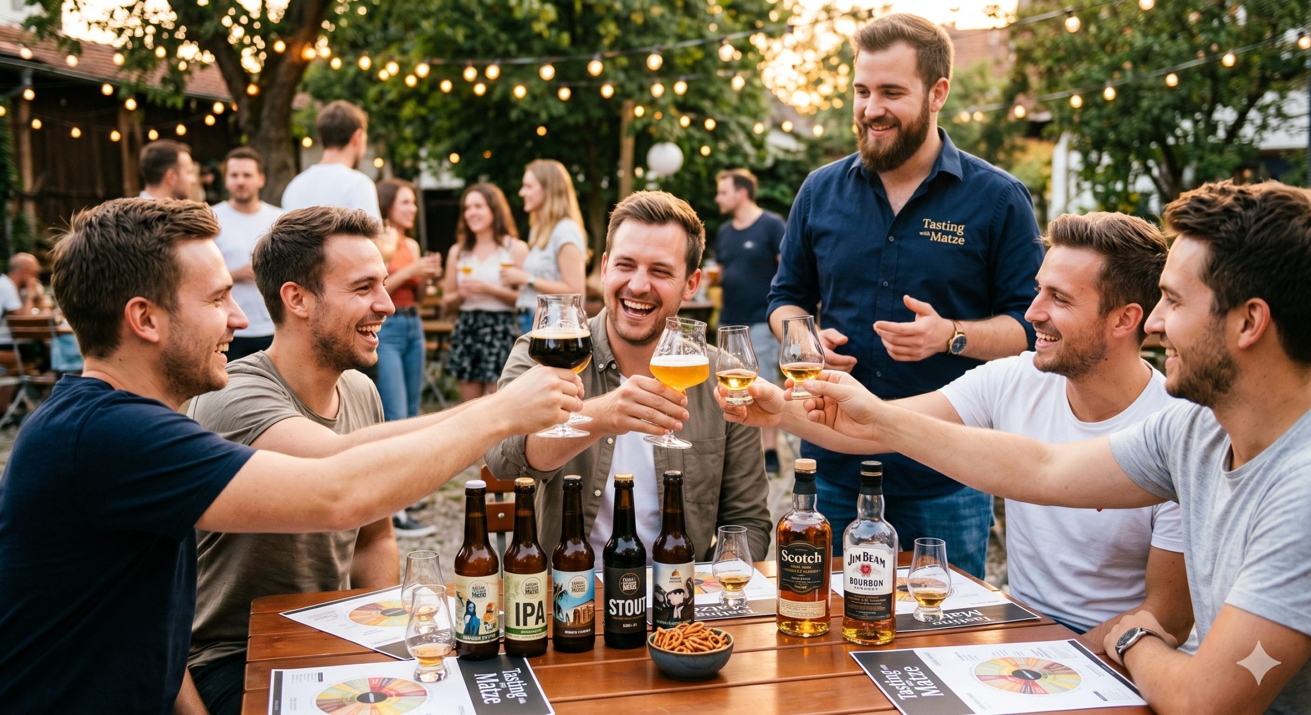 Glückliche Männergruppe beim Junggesellenabschied Heilbronn mit Bier und Whisky Tasting