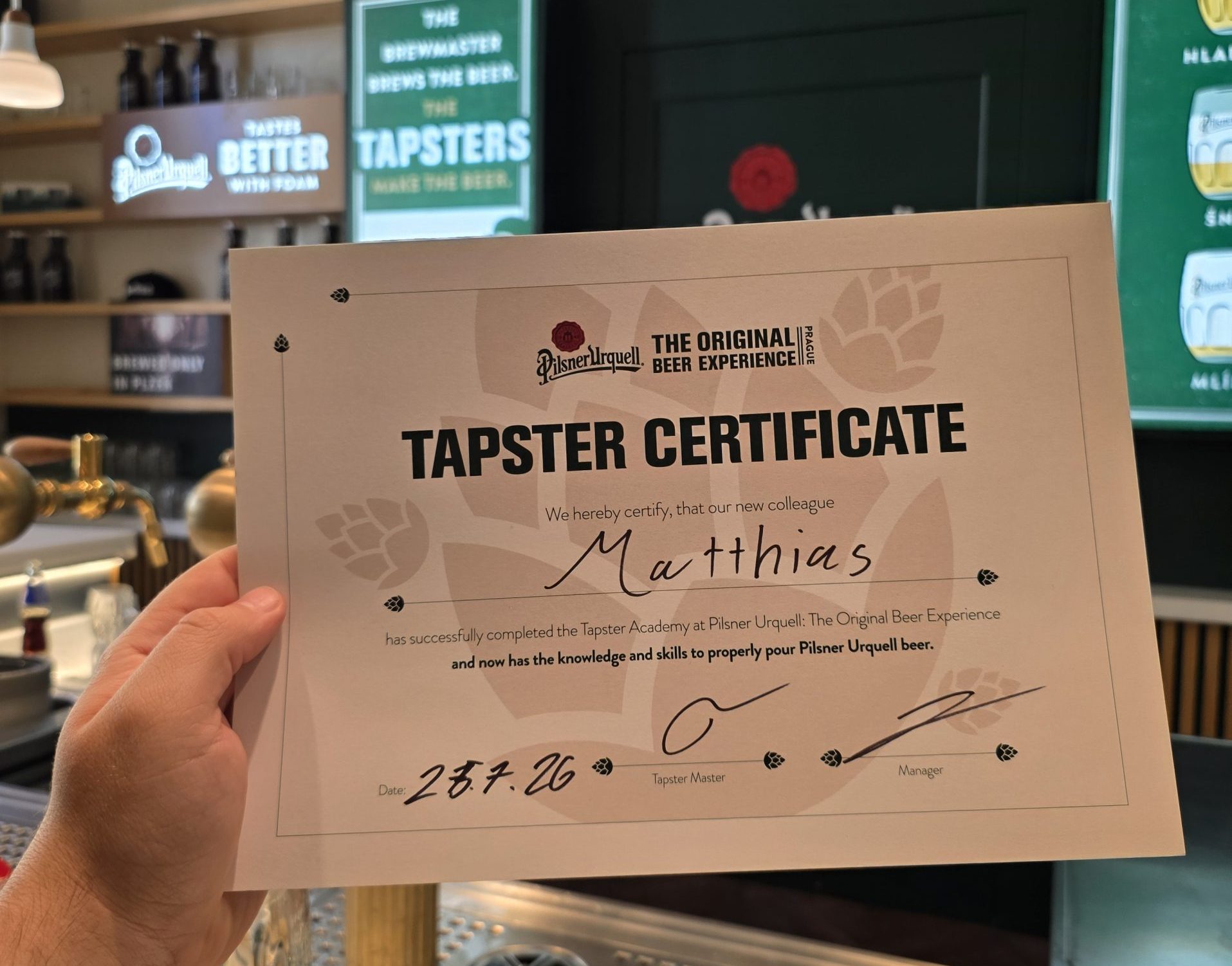 Zertifikat der Tapster Academy Prag nach erfolgreichem Abschluss
