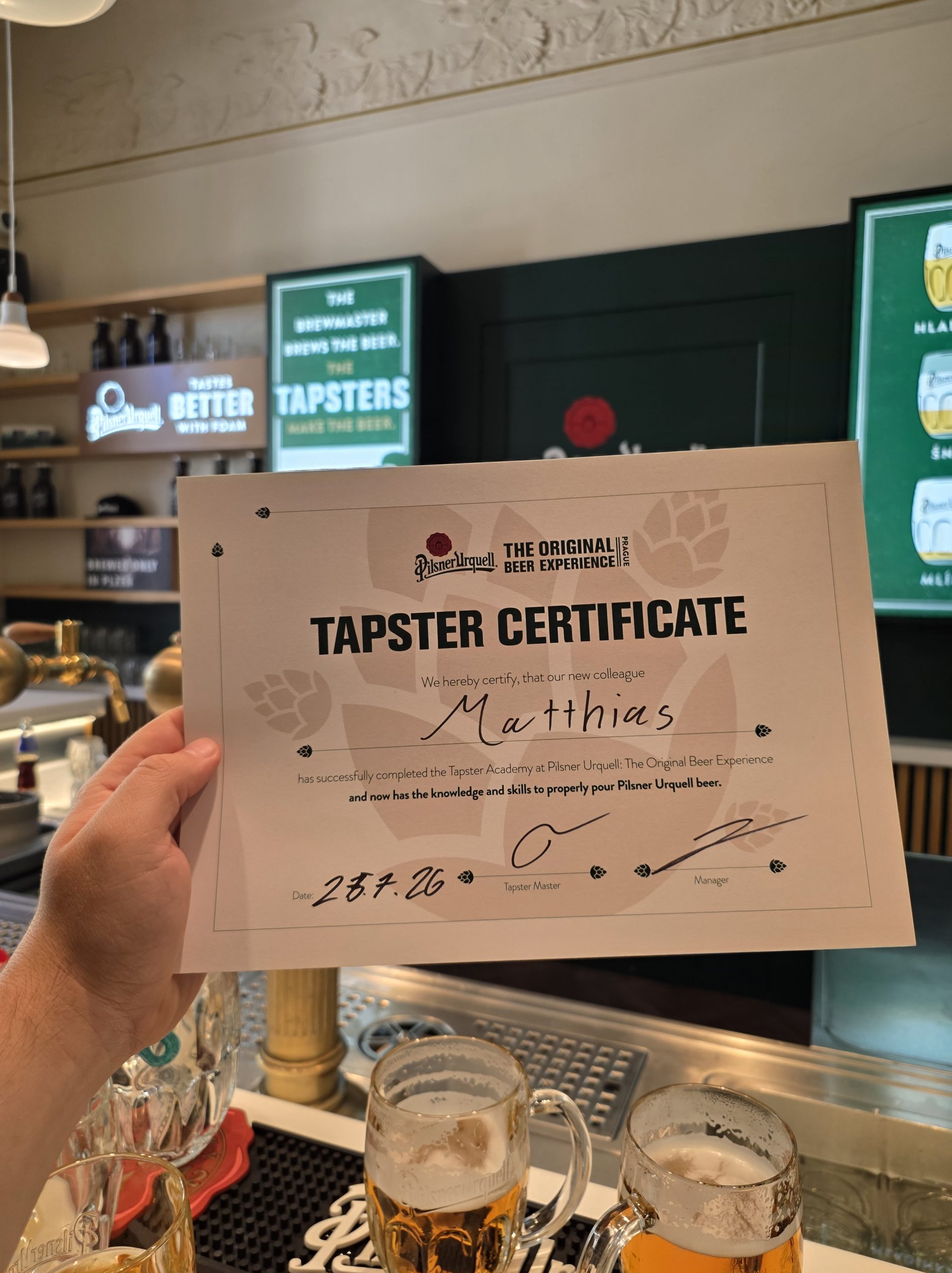 Zertifikat der Tapster Academy Prag nach erfolgreichem Abschluss