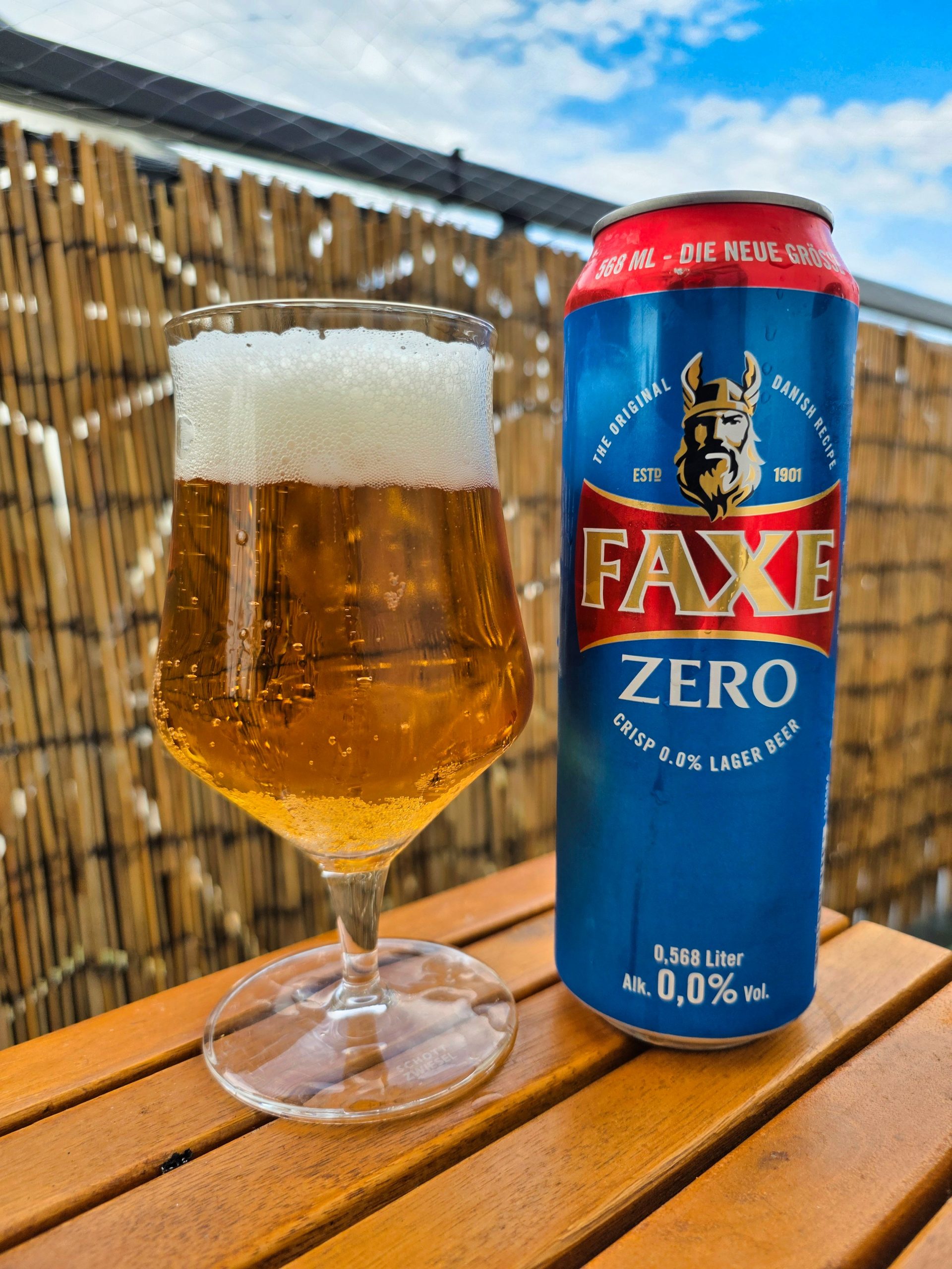 Faxe Zero 0,0% Dose 568ml und Verkostungsglas im Biersommelier Test